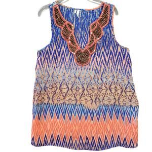 Studio Y Tank Top Blue Preppy Beaded Cut V-Neck Boho Keyhole Back Women Size S